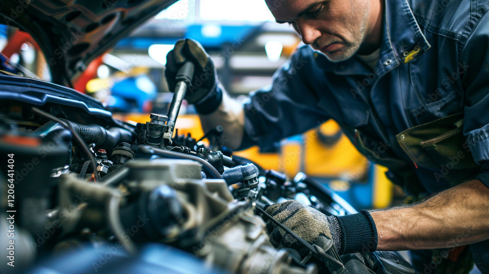 A mechanic fixing an engine in an auto shop A mechanic fixing an engine in an auto shop