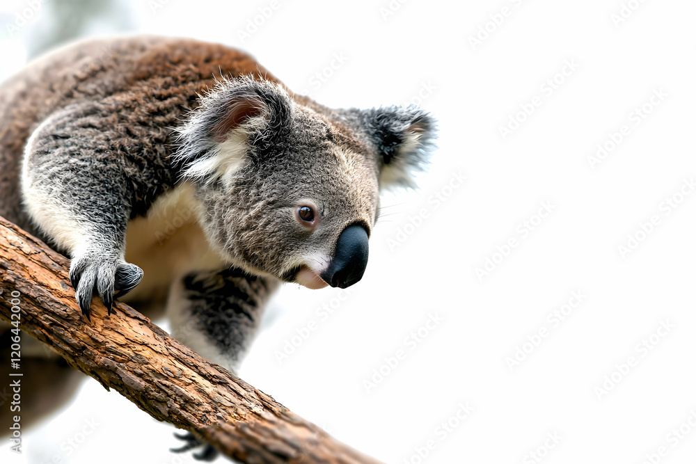 Fototapeta premium Koala Climbing Tree Branch in Natural Habitat with Soft Background