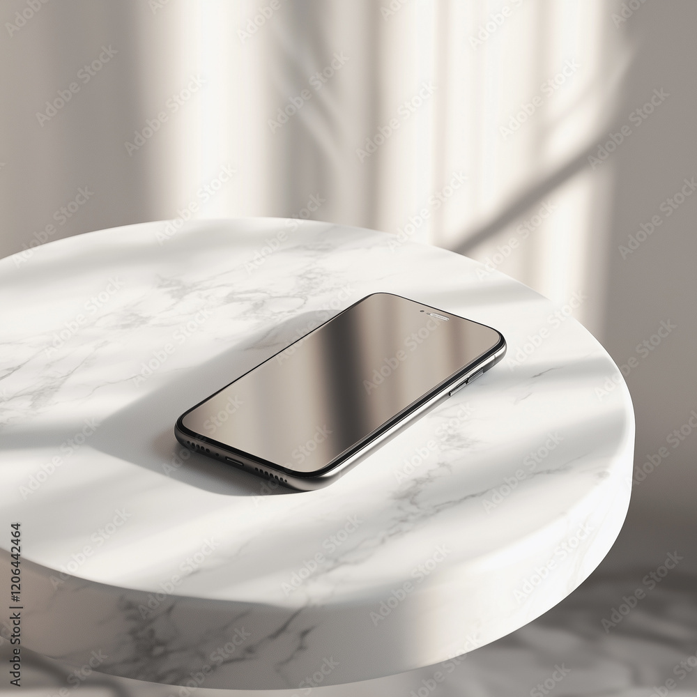 Modern smartphone with a sleek design displayed on a round white pedestal.
Modern smartphone with a sleek design displayed on a round white pedestal.