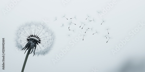 Wallpaper Mural Dandelion dispersing seeds in the wind on a soft gray background.
 Torontodigital.ca