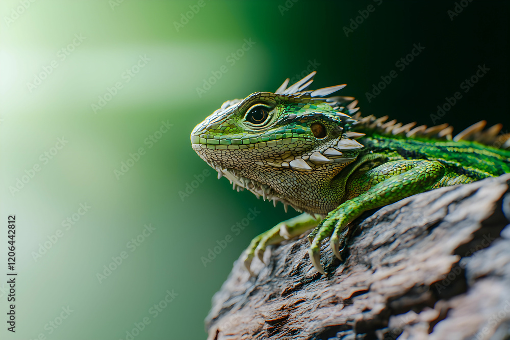 Fototapeta premium Green Lizard with Spikes Sitting on a Rock in Natural Habitat