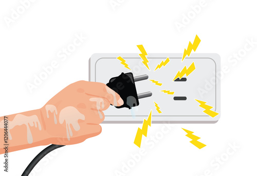 Wet hands plugging in the power, Dangerous from water danger to life and property , safety first