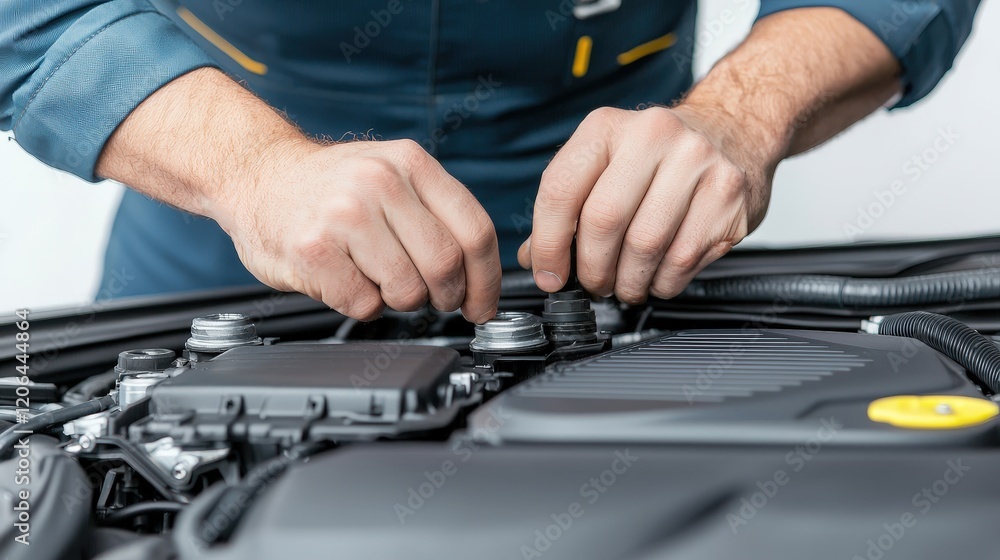 Hands Working on Car Engine Repair Hands Working on Car Engine Repair