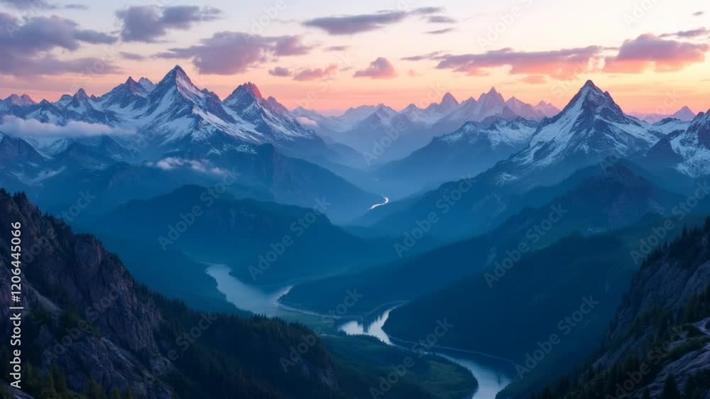 Majestic Mountain Panorama at Sunset: A Breathtaking View of Snow-Capped Peaks and Serene River Valley Majestic Mountain Panorama at Sunset: A Breathtaking View of Snow-Capped Peaks and Serene River Valley