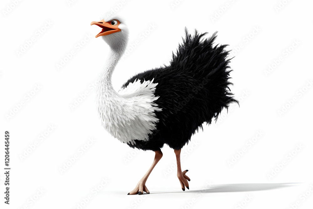Playful Cartoon Ostrich with Fluffy Feathers on White Background Playful Cartoon Ostrich with Fluffy Feathers on White Background