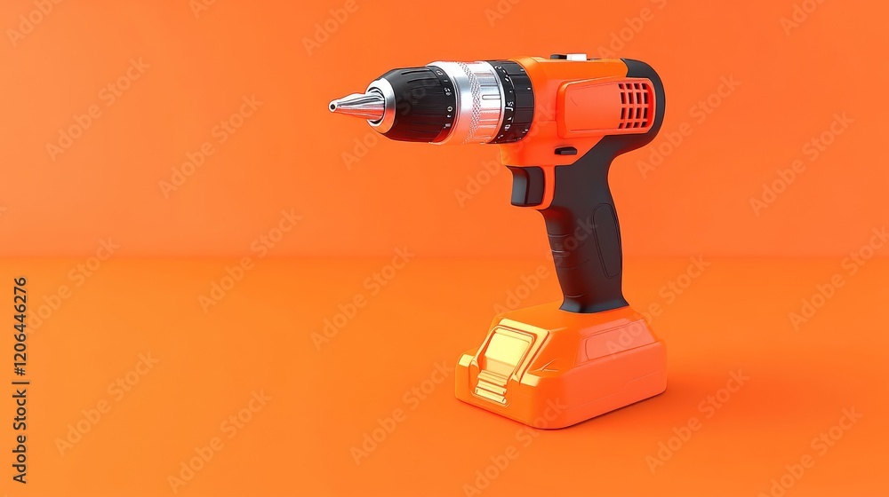 A compact drill with an angled design positioned on a bright orange background. A compact drill with an angled design positioned on a bright orange background.