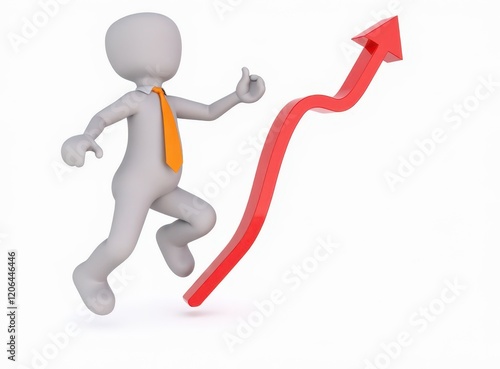 3d man red arrow success chart on white background.
