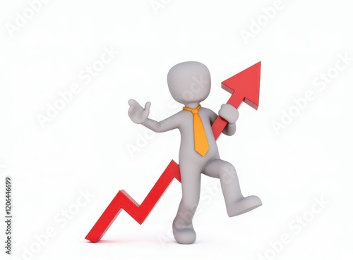 3d man red arrow success chart on white background.