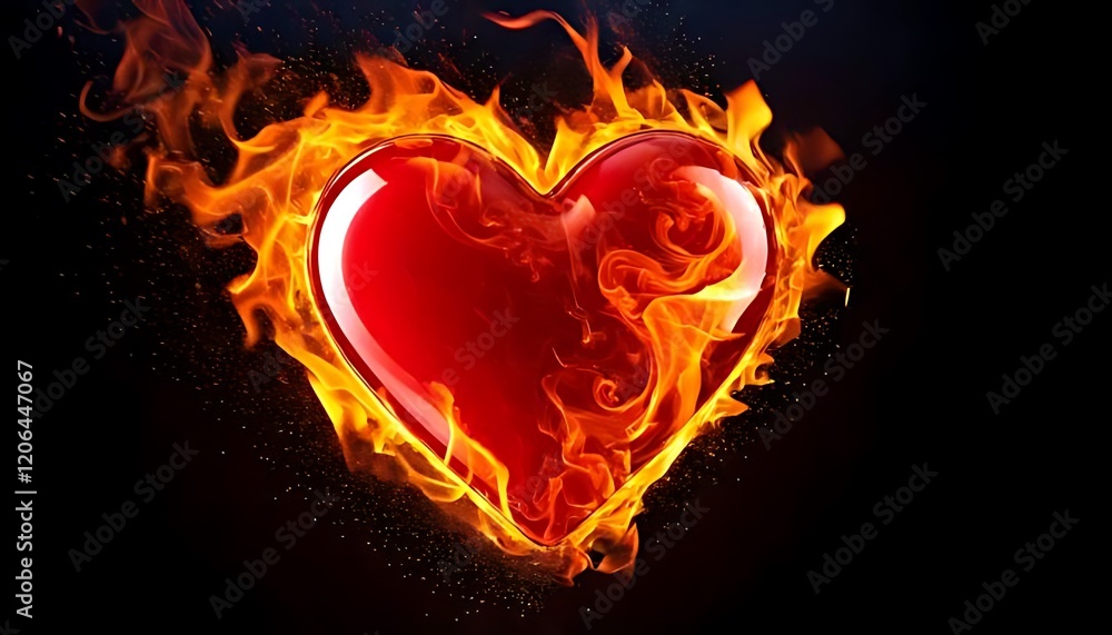 glossy red heart is consumed by fierce flames and floating ember sparks. glossy red heart is consumed by fierce flames and floating ember sparks.