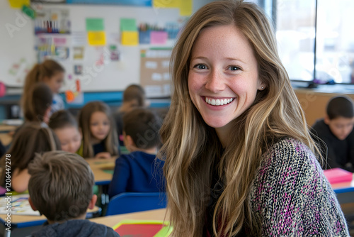An elementary school teacher smiling warmly in a vibrant classroom full of engaged students