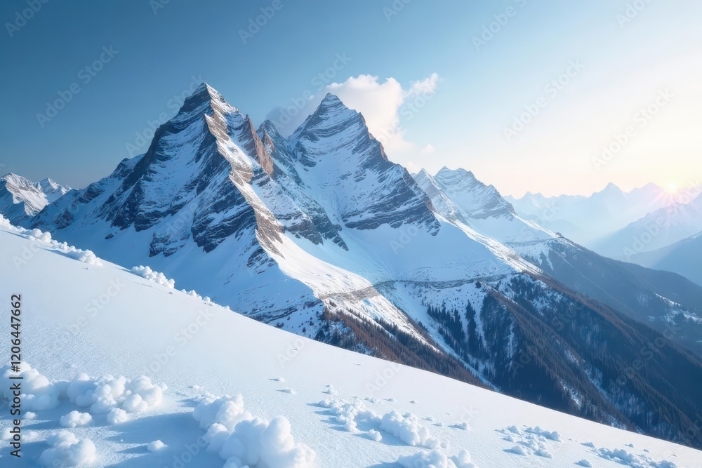 Obraz premium Snowy mountain peaks rising high in the frosty sky, silence, snowflakes