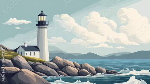 A lighthouse is on a rocky shore. the water is choppy and the sky is cloudy. the lighthouse is lit up and the sun is shining on it. Cloud Harbor. Illustration