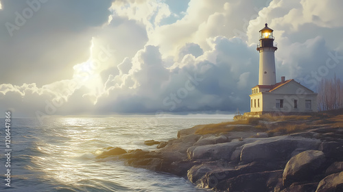 A lighthouse is on a rocky shore. the water is choppy and the sky is cloudy. the lighthouse is lit up and the sun is shining on it. Cloud Harbor. Illustration