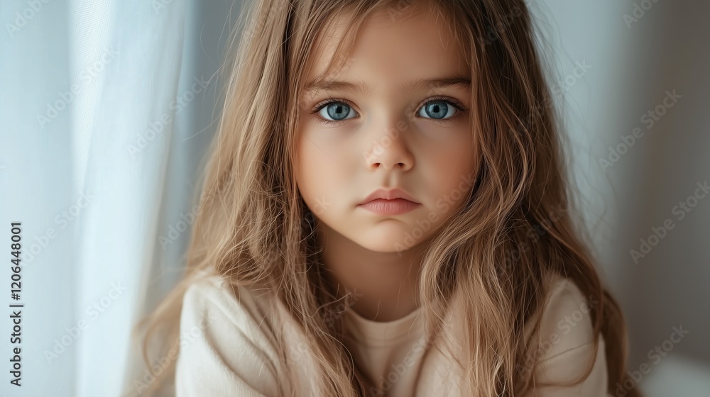 Close-up portrait of a thoughtful young girl with striking blue eyes, long hair, and a soft, serene expression.