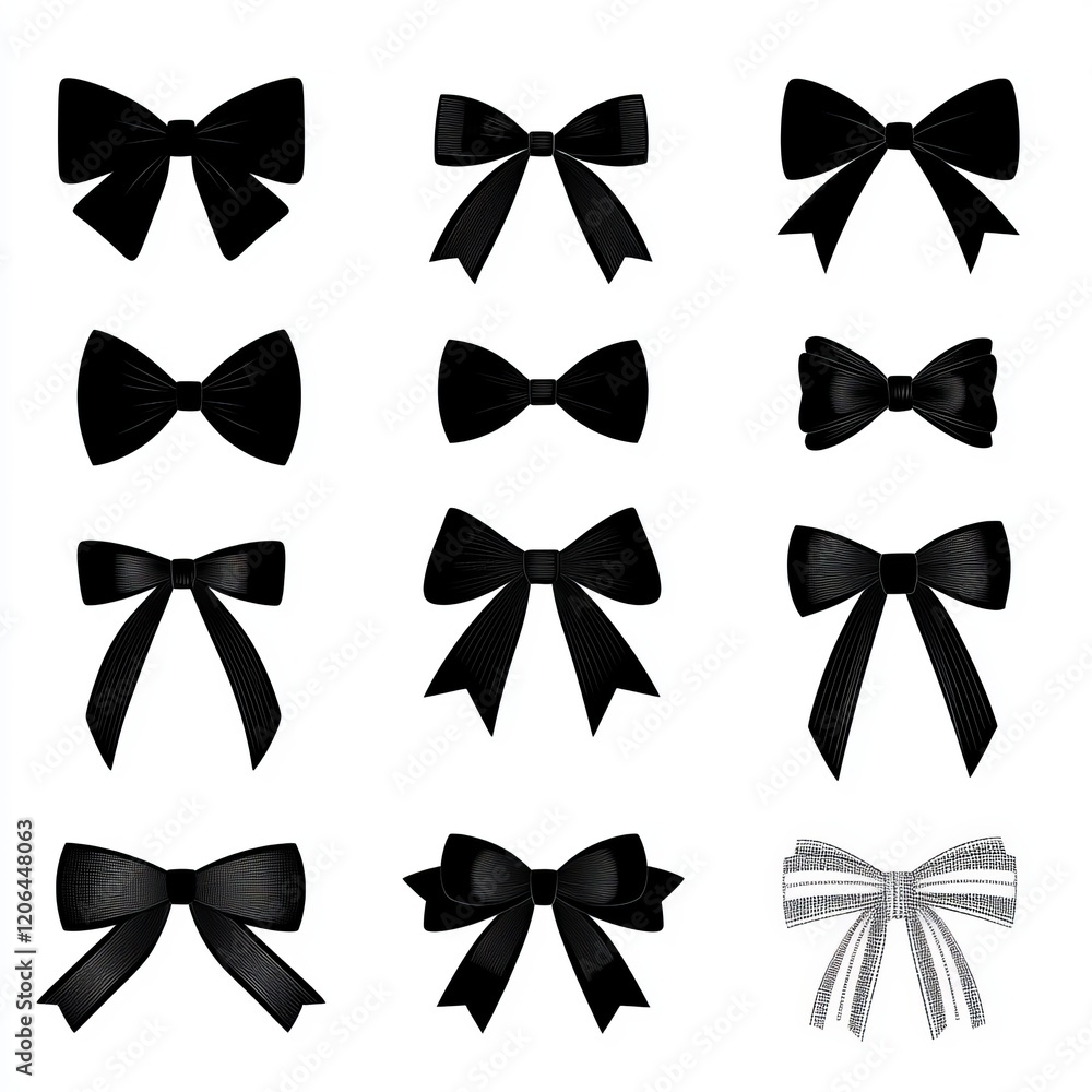 Collection of twelve black and one grey ribbon bows, isolated on white background. Collection of twelve black and one grey ribbon bows, isolated on white background.