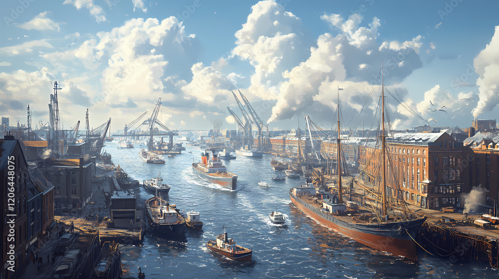 A panoramic view of a bustling harbor with ships docked along the waterfront, cranes in the background, and boats navigating the waterway. Cloud Harbor. Illustration A panoramic view of a bustling harbor with ships docked along the waterfront, cranes in the background, and boats navigating the waterway. Cloud Harbor. Illustration