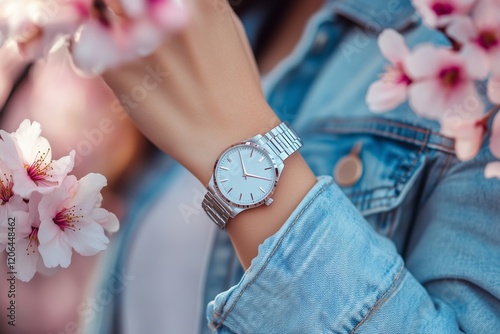Elegant silver wristwatch on a woman's wrist surrounded by pink cherry blossoms, capturing springtime beauty and timeless style.