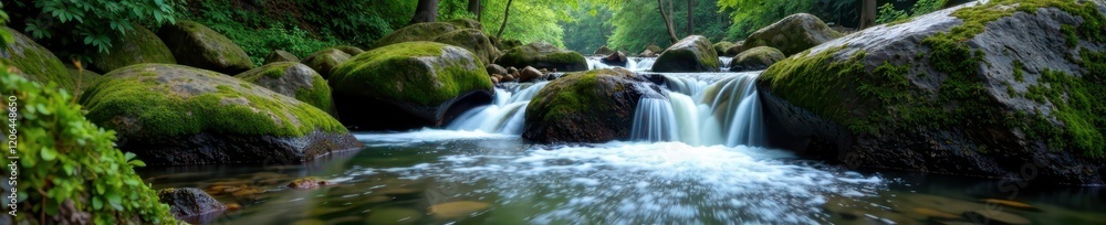 Sparkling water flows over moss-covered boulders, landscape, waterfall, stone Sparkling water flows over moss-covered boulders, landscape, waterfall, stone
