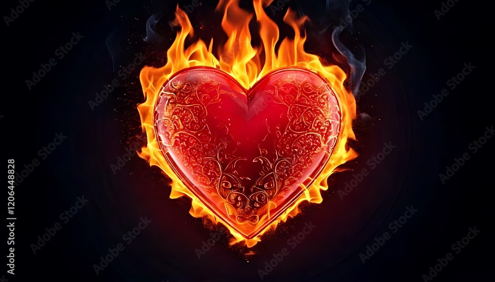 vibrant red heart burns fiercely, surrounded by intense, dancing flames and sparks.