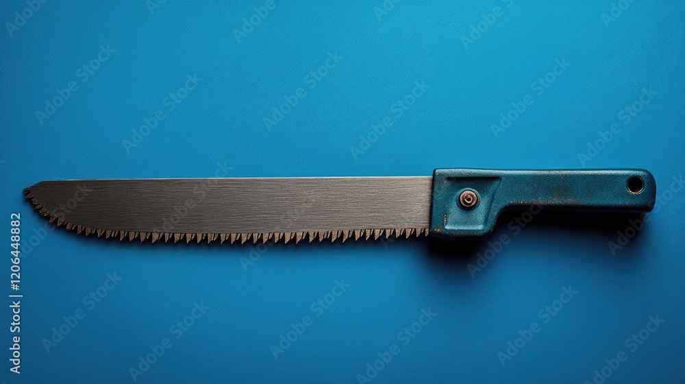 A heavy-duty cutting saw for PVC pipes displayed on a bold blue surface, emphasizing its strength. A heavy-duty cutting saw for PVC pipes displayed on a bold blue surface, emphasizing its strength.