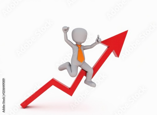 3d man red arrow success chart on white background.