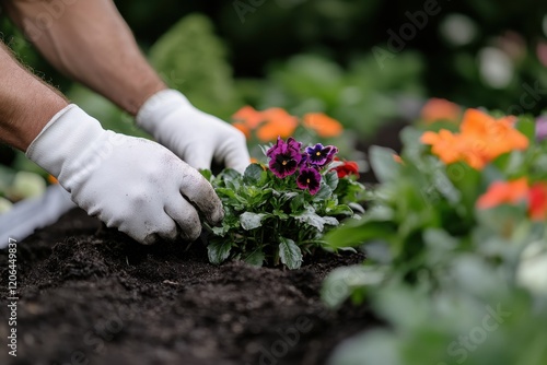 Hands gently place colorful flower seedlings into the soil, reflecting the tender care and dedication required in gardening and the beauty of nurturing life. photo