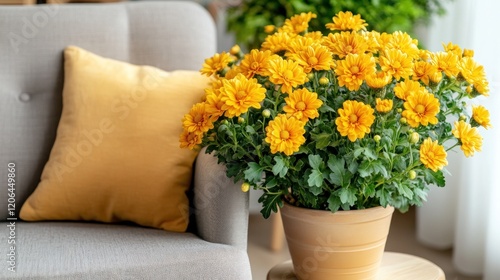 Wallpaper Mural Vibrant Yellow Chrysanthemum in a Pot Near a Gray Sofa Torontodigital.ca