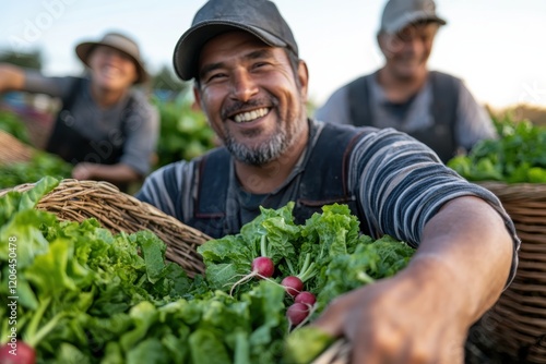Wallpaper Mural A cheerful man carries a basket of freshly picked greens, embodying the spirit of harvest and community in the serene landscape of a vibrant farm. Torontodigital.ca