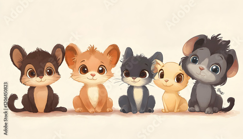 Five adorable cartoon baby animals sitting together
