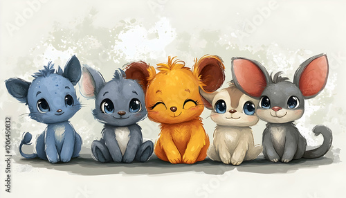 Five adorable cartoon baby animals sitting together