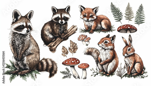 Forest animals hand drawn set. Realistic wildlife animals and natural elements collection. Raccoon, bunny, rabbit, brown owl, red fox, squirrel forest fern and mushrooms elements. White background