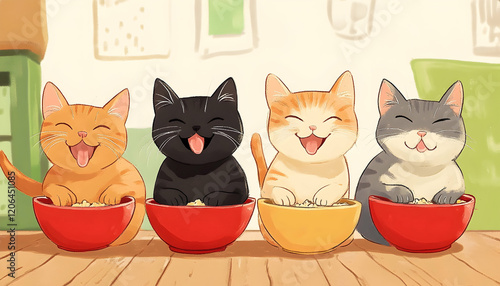 Four playful cats sit in a cheerful environment, happily eating from their bowls