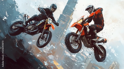 Two acrobatic motorcyclist designs featuring action, extreme sports and adrenaline-themed artwork.