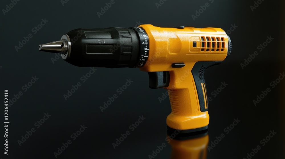 A sleek electric drill resting on a glossy black surface with subtle reflections. A sleek electric drill resting on a glossy black surface with subtle reflections.
