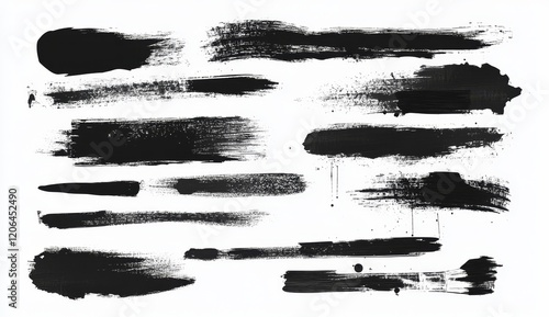 Collection of black paint brush strokes on white background. (3)