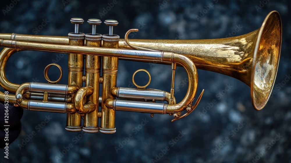 Obraz premium Close-up of a brass trumpet held in a musician's hand against a blurred dark background