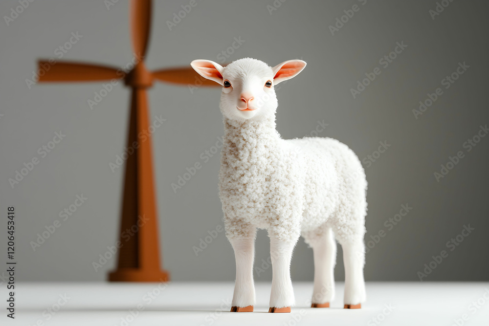 Fototapeta premium Charming White Lamb Figurine with Wooden Windmill in Background