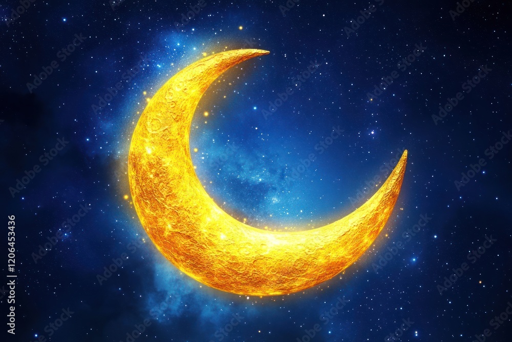 Golden Crescent Moon in a Starry Night Sky Golden Crescent Moon in a Starry Night Sky