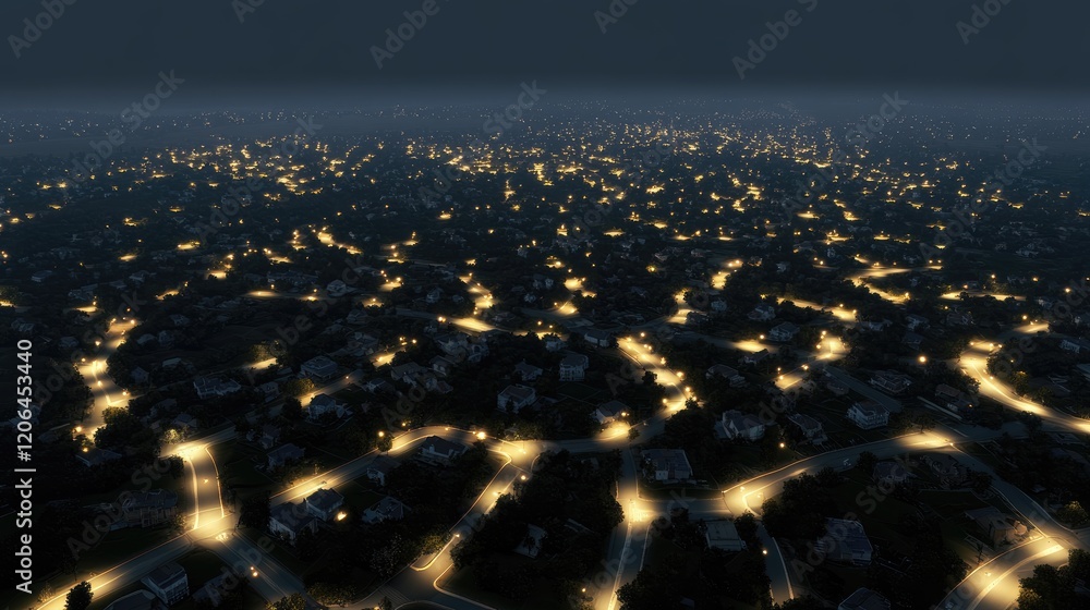 Obraz premium Overhead shot of a network of city roads at night illuminated by streetlights.