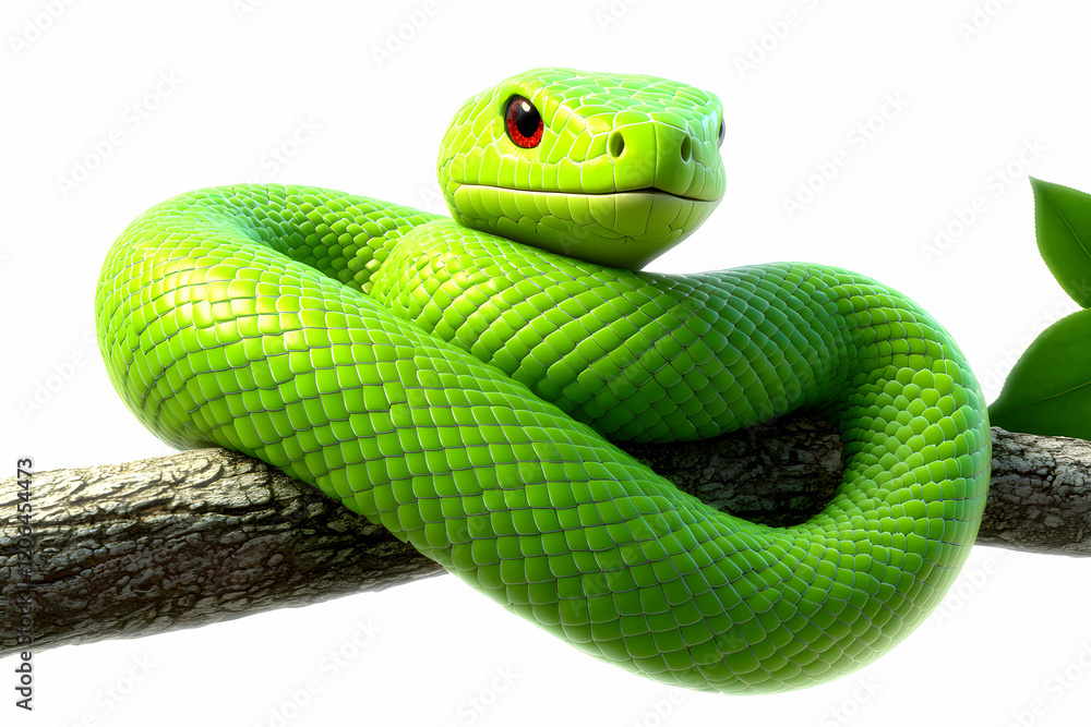 Fototapeta premium Bright Green Snake Coiled on a Branch with Vivid Red Eyes