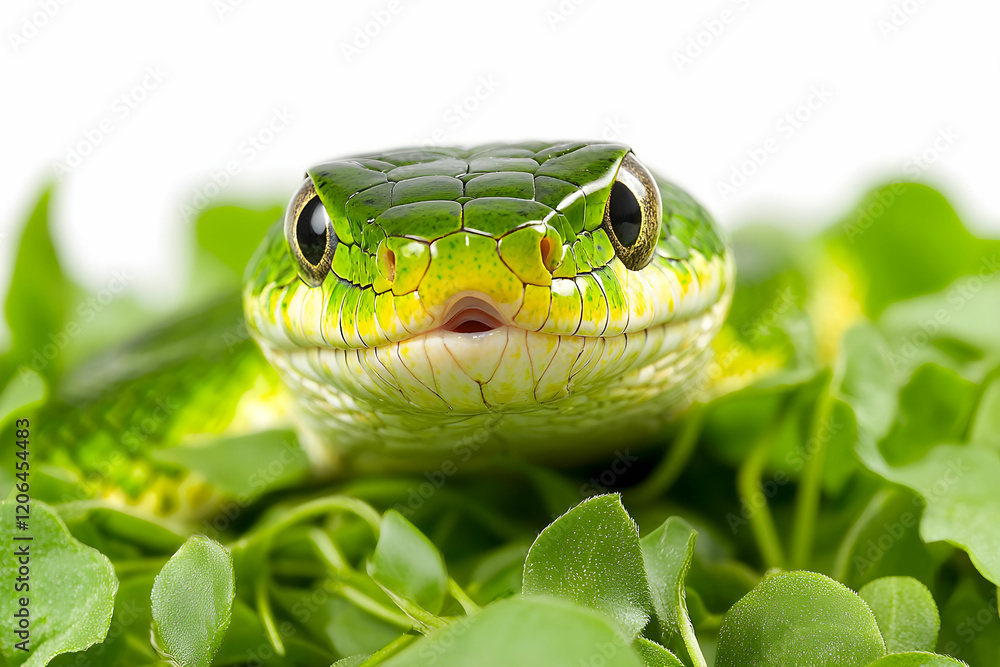 Fototapeta premium Green Snake on Fresh Green Leaves with Vibrant Details and Texture