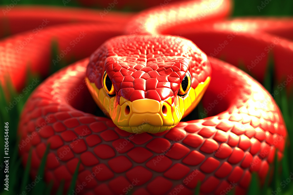 Fototapeta premium Red Snake Coiled on Green Grass with Intricate Scales and Eyes