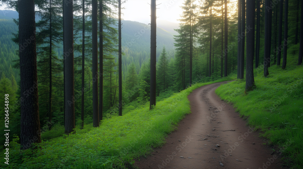 serene forest path winding through tall trees, surrounded by lush greenery and soft sunlight. serene forest path winding through tall trees, surrounded by lush greenery and soft sunlight.