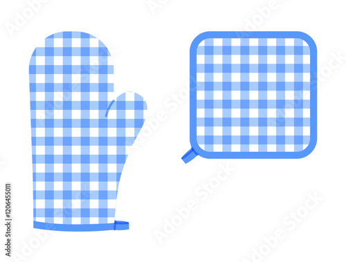 Oven Gloves Mitt and potholder cartoon blue Fashion hand accessory clothing technical illustration garment. Vector for Men, women, unisex style flat template mockup sketch outline on white background