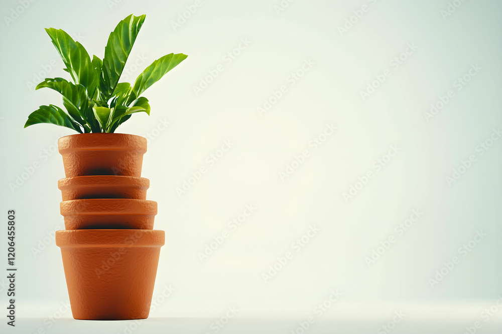 Obraz premium Green Plant in Terracotta Pots Stacked on Light Background