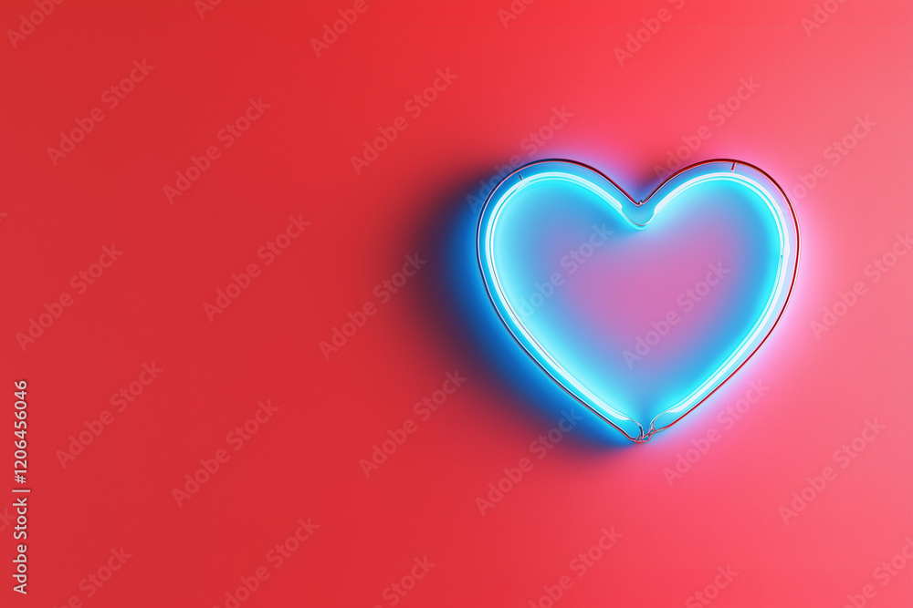 A blue heart-shaped neon lights on a simple red background.. The design features ample blank space, making it perfect for a Valentine’s Day gift card. A blue heart-shaped neon lights on a simple red background.. The design features ample blank space, making it perfect for a Valentine’s Day gift card.