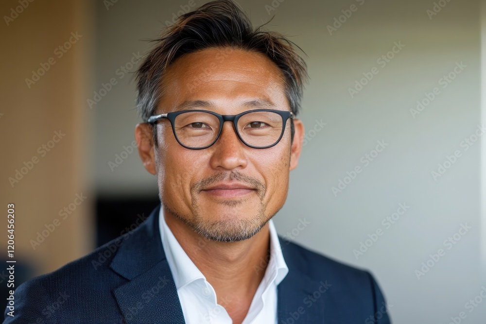 A professional portrait of a confident middle-aged businessman wearing glasses, showcasing leadership and approachability in a modern office environment. A professional portrait of a confident middle-aged businessman wearing glasses, showcasing leadership and approachability in a modern office environment.