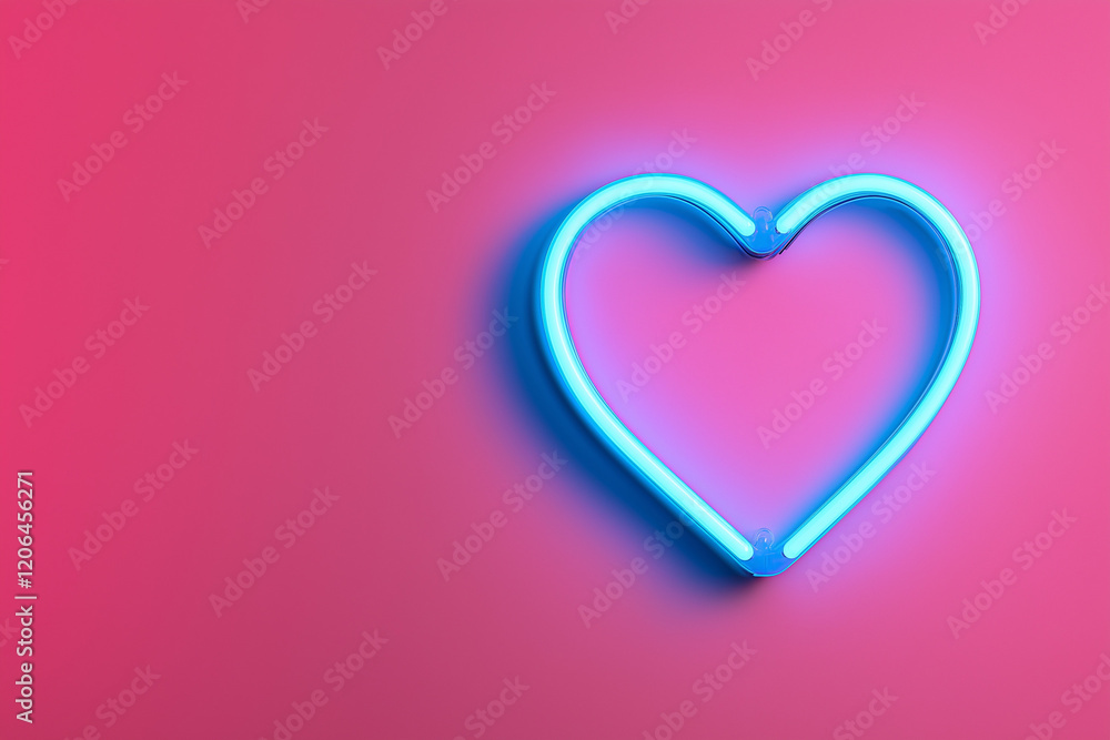 A blue heart-shaped neon lights on a simple pink background.. The design features ample blank space, making it perfect for a Valentine’s Day gift card. A blue heart-shaped neon lights on a simple pink background.. The design features ample blank space, making it perfect for a Valentine’s Day gift card.