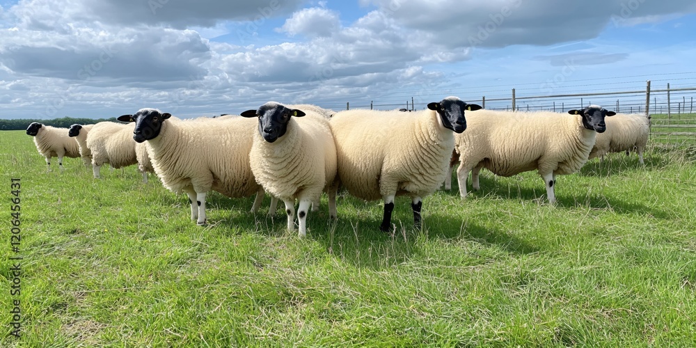 Fluffy Sheep in a Lush Green Pasture under a Cloudy Sky Fluffy Sheep in a Lush Green Pasture under a Cloudy Sky