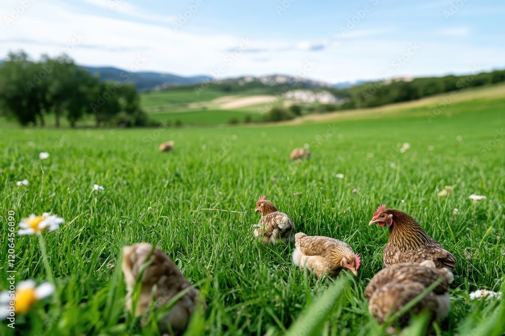 Obraz premium Several hens scattered across a sunny meadow, grazing on grass and flowers, illustrating the joy of free-range poultry and a connection to natural farming practices.